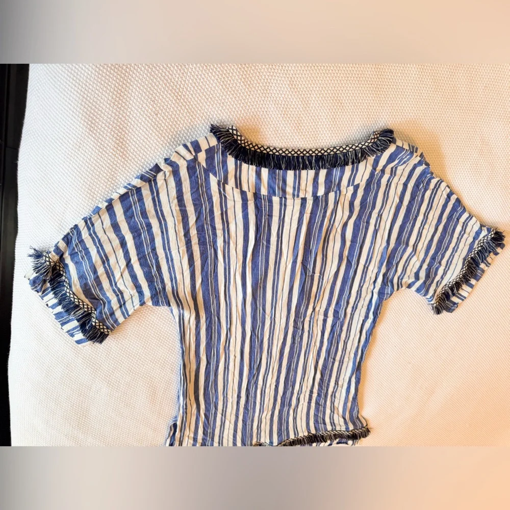 VELZERA Boho Blue & White Striped Mini Dress w Fringe Trim or Swim Coverup